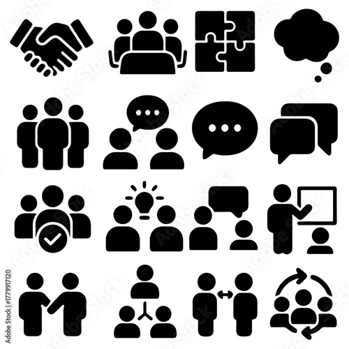 Teamwork and Collaboration Icon Set: A comprehensive collection of icons illustrating various aspects of teamwork, communication, and collaboration.