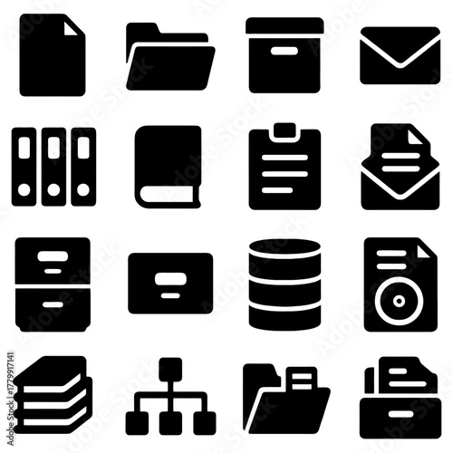 Digital Workflow: A collection of stylized black icons representing essential elements of digital file management and communication, symbolizing organization, information storage and data sharing.