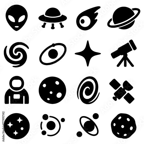 Celestial Symphony of Exploration: A captivating black and white icon set showcasing iconic symbols of space exploration, including extraterrestrial beings, unidentified flying object, comets.
