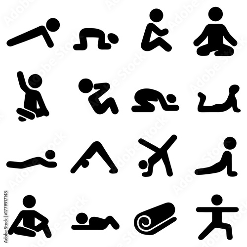 Yoga Poses: A stylized representation of yoga poses, capturing a sense of peace, balance, and physical well-being. This minimalist illustration conveys a range of yoga postures.