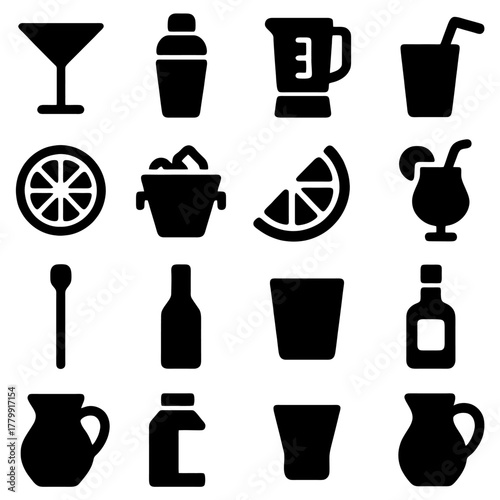 Cocktail Icons: A collection of simple, yet bold, silhouette icons representing various cocktail elements, perfect for illustrating mixology concepts or culinary presentations. 