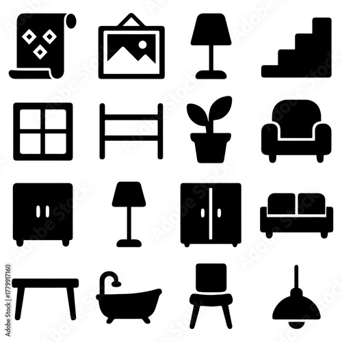 Interior Design Elements : A minimalist, high-contrast array of essential interior design elements, capturing the essence of home decor in a clean, stylish arrangement.