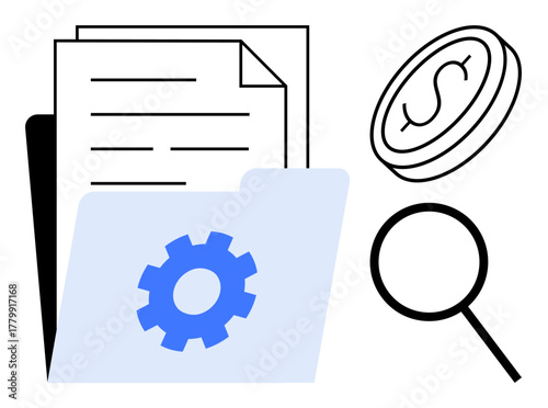 Gear placed on folder and documents, magnifying glass, coin highlight finance, research, transparency, process, optimization, solutions. Ideal for finance business operations auditing strategy