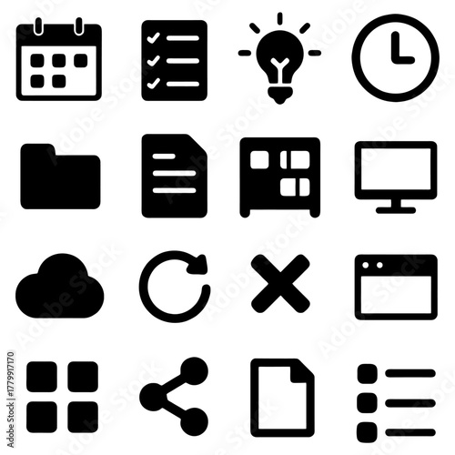 Icons representing time, organization and Ideas: This image provides a collection of minimalist icons, suitable for depicting topics such as planning, productivity, and innovation.