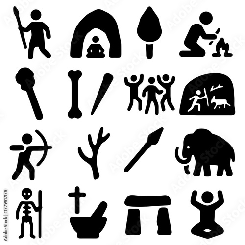 Ancient Icons: A compilation of simple and bold black illustrations that depict the primitive tools and symbols, offering a visual glimpse into the prehistoric era