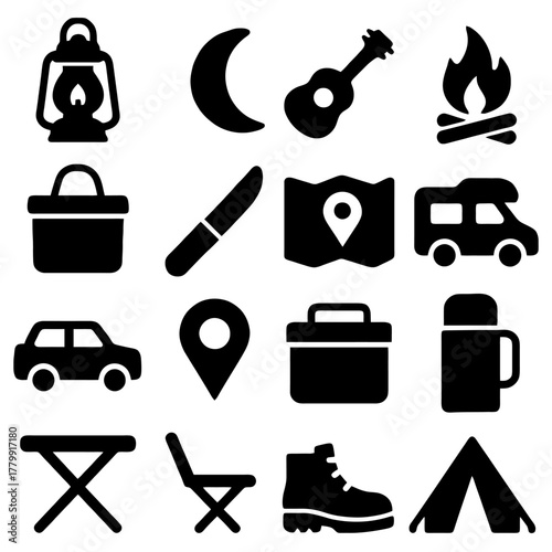 Camping Gear Icons: A collection of camping gear icons, including a lantern, a moon, a ukulele, and a bonfire.  Evoking the spirit of outdoor adventure and the joy of camping.