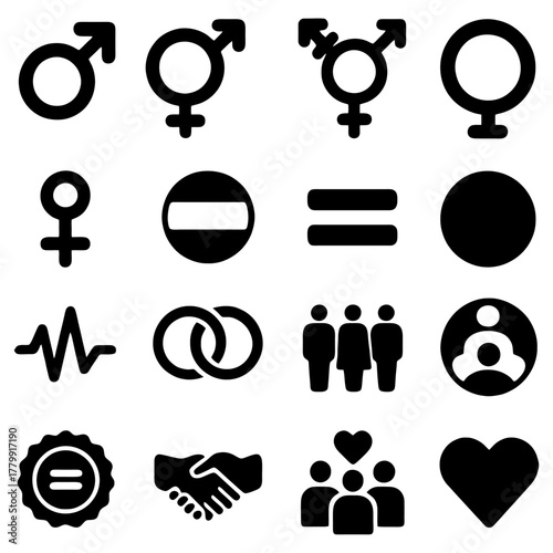 Symbolic Equality: A collection of symbolic icons representing gender equality, love, unity, and social harmony, promoting inclusivity and understanding.
