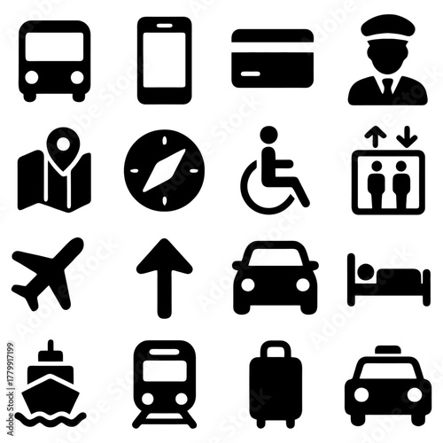 Transportation and Travel Icons: A comprehensive collection of iconic symbols for various modes of transportation and essential travel services, carefully designed for clarity and aesthetic appeal.