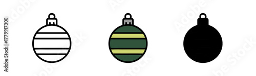 Three Christmas Ornaments with Striped Pattern in Outline, Colored and Silhouette Styles