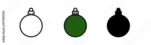 Three Christmas Bauble Ornaments in Black Green and Outline on a White Background