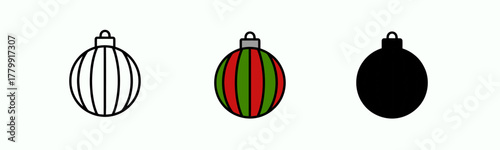 Three Christmas Ornaments Featuring Line Drawing, Striped Pattern, and Silhouette Style