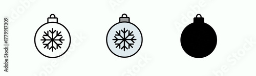 Three Christmas Bauble Line Icons with Snowflake Symbol Isolated on White
