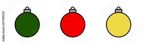 Festive Christmas Ornaments Decoration in Green, Red, and Yellow on White Background