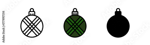 Festive Christmas Ornament Icons with Plaid Design and Solid Silhouette Style on White