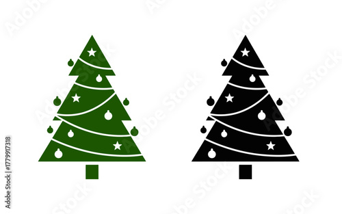 Silhouetted evergreen fir trees with ornaments against a white background