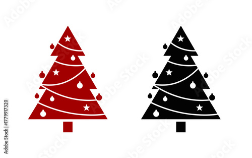 Two Christmas Trees with Ornaments and Stars on a White Background