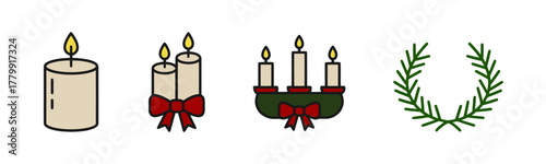 Festive Arrangement of Holiday Candles and Greenery on White Background