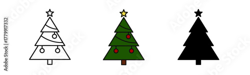 Christmas Tree Illustrations: Outline, Color, and Silhouette Set Against White Background