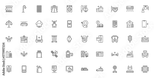 Smart City icon set. Vector illustration featuring bs stop, street lamp, solarenergy, highway, smart houe, CCTV, traffic light, drne delivery, cashless paymnt, and more.
