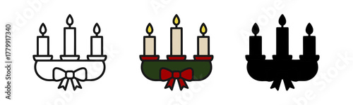 Festive Candleholder Icons Featuring Lit Candles and a Bow Accent