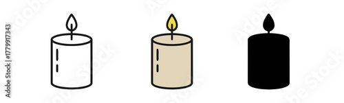 Three Stylized Illustrations of Burning Candles with Different Appearance