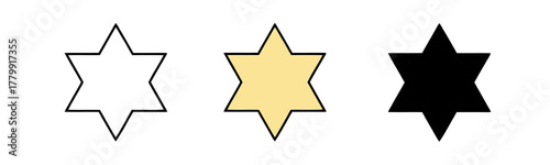 Row of three hexagram star shapes in black, yellow, and outline against a white background