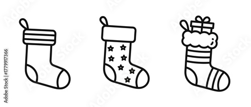 Three Christmas Stockings in Doodle Style on a White Background