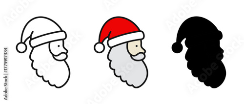 Santa Claus icons presenting profile views with outlines, solid color and silhouette