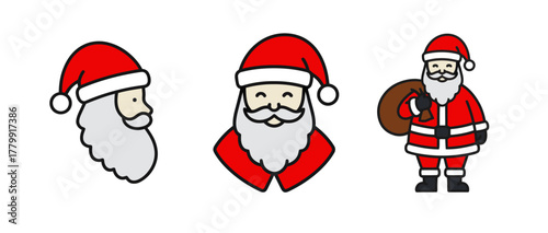 Santa Claus Icons with Festive Red Hat and White Beard on Isolated White Background