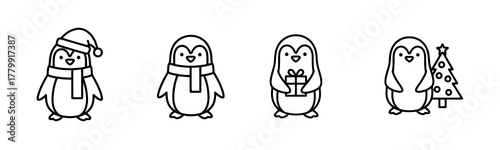 Set of Four Black and White Penguin Icons with Scarf, Gift, and Christmas Tree