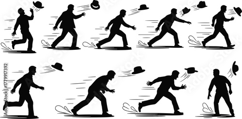 Silhouette, man, running, losing, hat, motion, speed, inertia, comic, funny, outdoor, vector, illustration, action, wind, airborne, sequence, dynamic, expressive, movement