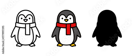 Three Penguin Graphics: Outline, Color, and Silhouette Illustrations on White Background
