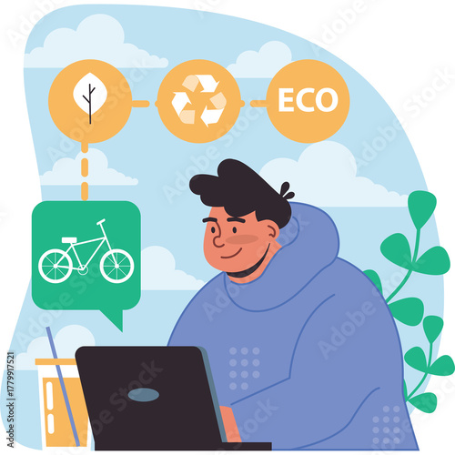 Young man in blue hoodie using laptop with eco friendly symbols for recycling and trees showing sustainable transportation options and green living concept with light blue sky background