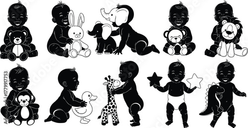 Silhouette, baby, playing, toys, teddy, bunny, elephant, lion, penguin, duck, giraffe, dinosaur, star, cute, child, interaction, pose, vector, illustration, fun