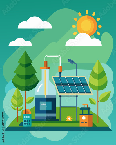 A fully equipped outdoor biology lab powered by solar energy allowing students to conduct experiments and research in a natural setting.. Vector illustration