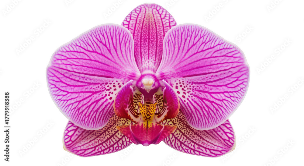 Fototapeta premium Vibrant Pink Striped Orchid Bloom On Black Background