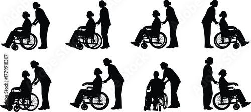 Silhouettes of caregiver helping wheelchair user, mobility support, disability assistance, healthcare aid, elder care, rehabilitation, medical service, compassion