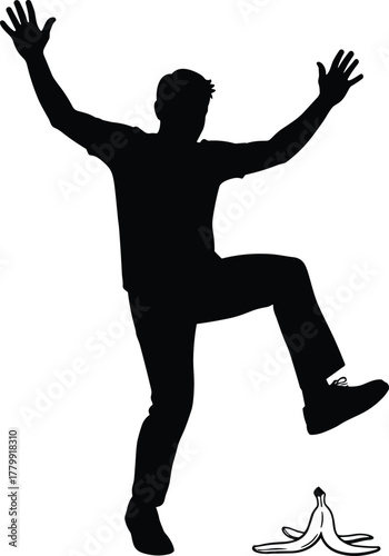 Silhouette person slipping, banana peel accident, humorous fall moment, cartoon mishap concept, danger warning, comic stumble, isolated vector illustration