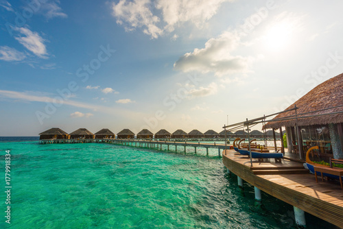 Fototapeta Naklejka Na Ścianę i Meble -  Tropical island beach landscape exotic shore coast. Tranquil closeup calm sea water waves with palm trees. Beautiful Panorama. Summer vacation, holiday amazing nature. Relax paradise, Maldives.