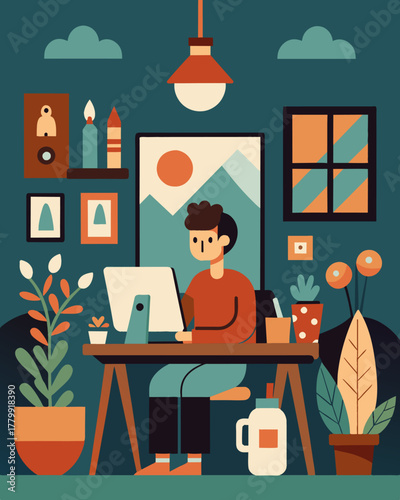 A freelancer works in their farmhouse studio surrounded by paintings pottery and other handmade items they have crafted during breaks from their computer.. Vector illustration