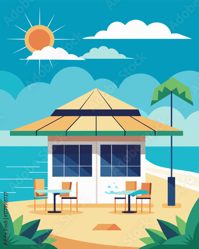 A beachfront cafe with a breathtaking view equipped with solarpowered charging stations to ensure that customers devices never run out of battery while they soak up the sun and. Vector illustration