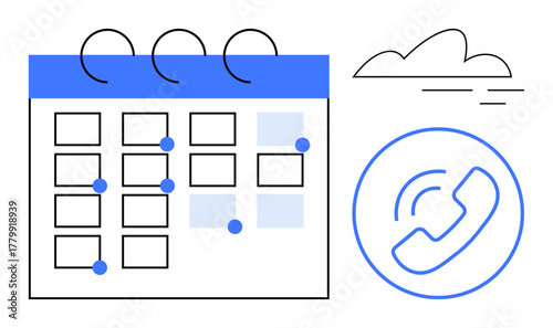 Marked calendar with circular dots, a phone call icon inside a blue circle, and a simple cloud design. Ideal for planning, scheduling, booking, reminders, communication, coordination digital tools