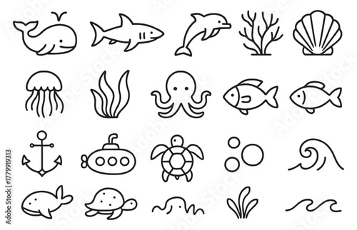 Set of marine life icons featuring fish, whale, dolphin, shark, and more sea creatures