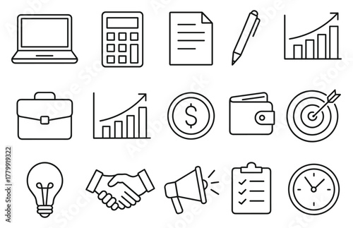 Business icons set: laptop, calculator, document, bar chart, wallet, target, idea