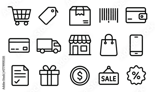 Shopping icons set: cart, tag, package, barcode, credit card, truck, store, bag, mobile, receipt, gift, dollar, sale, discount