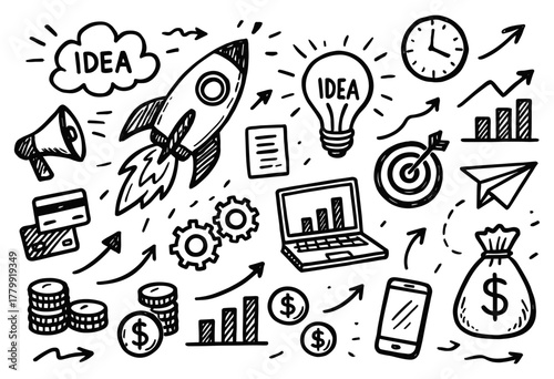 Hand-drawn business success icons featuring rocket, laptop, and growth symbols