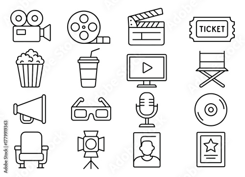 Cinema icons: film, popcorn, microphone, glasses, camera, ticket