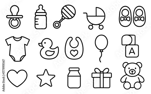 Baby essentials icons set: pacifier, bottle, rattle, stroller, shoes, onesie, duck, bib, balloon, blocks, heart, star, jar, gift, teddy bear