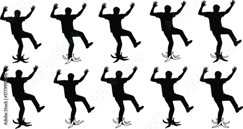 Silhouette person slipping on banana peel, repeated pattern, humorous accident concept, falling figure, danger symbol, comic mishap, seamless design