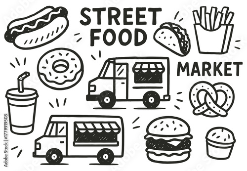 Street food doodles: hotdog, taco, burger, and food truck sketches